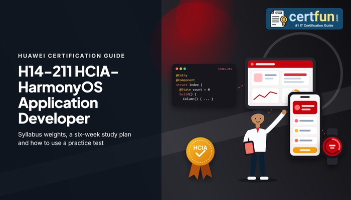 Cover for the H14-211 HCIA-HarmonyOS Application Developer guide with the exam fee, duration and question count