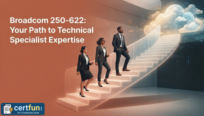 Three professionals ascend a conceptual glowing staircase towards a cloud environment, symbolizing career growth and technical specialist expertise achieved through Broadcom 250-622 certification.