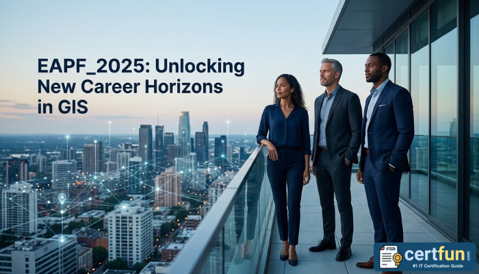 A team of professionals overlooks a cityscape with overlaid GIS data, symbolizing career growth and new horizons enabled by EAPF_2025 certification.