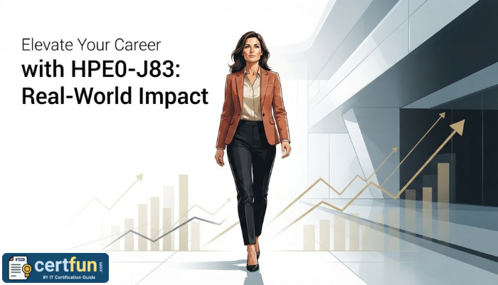 A confident female professional walks into a modern corporate setting with upward-trending graphs in the foreground, symbolizing career growth and the impact of HPE0-J83 certification.
