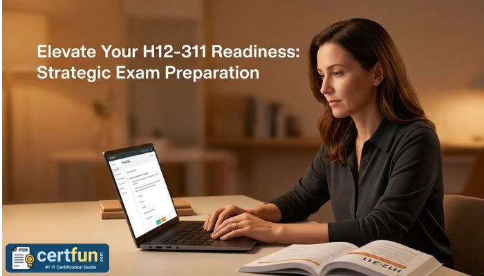 A focused adult woman studying for the Huawei H12-311 exam at a modern desk with a laptop and study guide, symbolizing diligent preparation and exam readiness.