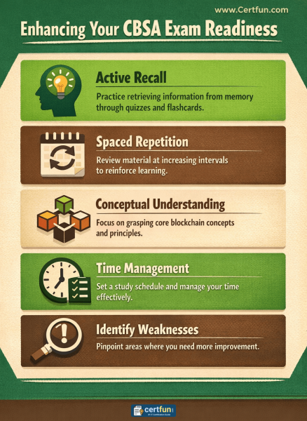 An infographic offering actionable study practices to enhance BTA CBSA exam readiness, covering methods like active recall, spaced repetition, conceptual understanding, and time management.