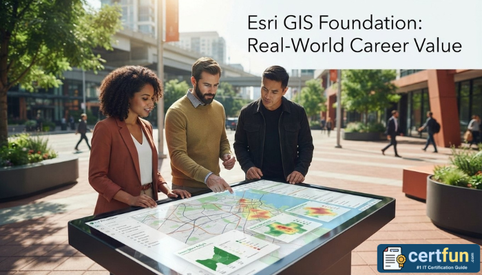 Professionals collaborate around a large interactive map in an urban plaza, demonstrating the real-world application and career value of Esri GIS Fundamentals, reflecting impactful work.