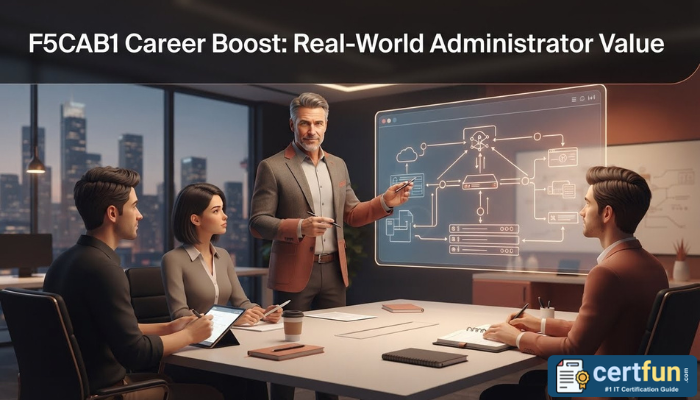 An F5 BIG-IP administrator confidently presenting a technical solution to a team, illustrating the career boost and real-world value gained from F5CAB1 Certification. Shows collaborative leadership.