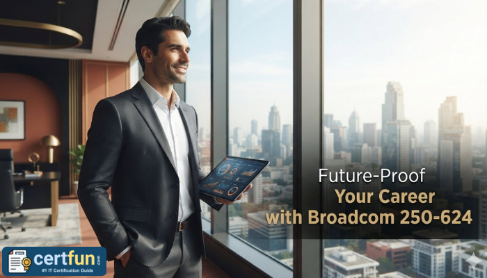 An adult man confidently overlooking a cityscape, symbolizing career advancement and professional impact after earning the Broadcom 250-624 certification.