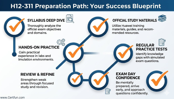 Infographic outlining a strategic preparation path for the Huawei H12-311 exam, presented as a success blueprint with steps like syllabus review and practice tests.