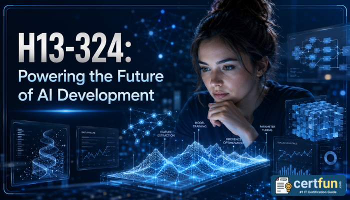 An AI engineer, an adult woman, intently reviews complex holographic data visualizations in a futuristic control room, representing advanced AI model development validated by the Huawei H13-324 certification.
