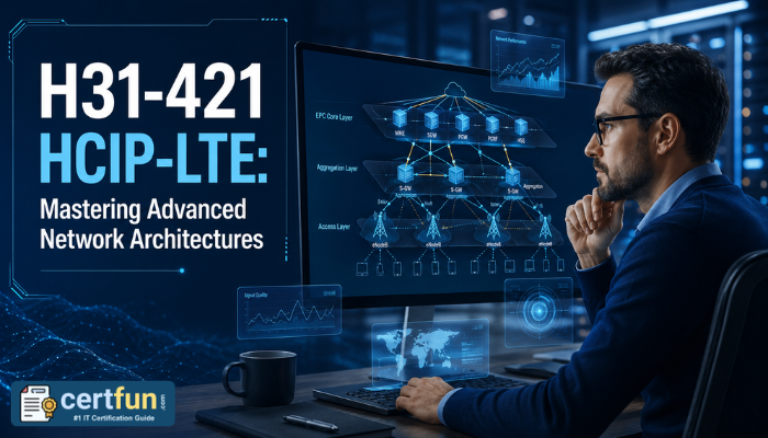 An adult man focused on a large screen displaying complex LTE network architecture diagrams. The image represents expertise required for the H31-421 exam in network planning and analysis.