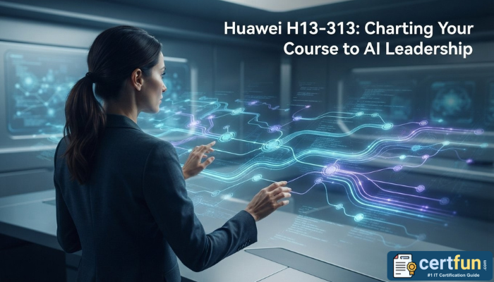 A woman in a professional setting gazes at a glowing holographic map of an AI network, symbolizing leadership and strategic planning with the Huawei H13-313 certification.