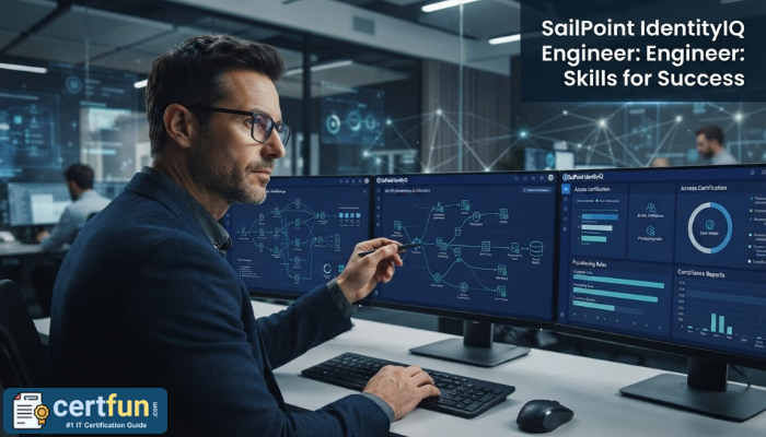 A focused male IdentityIQ engineer analyzing complex identity governance architecture on multiple screens, symbolizing the skills required for the SailPoint Certified IdentityIQ Engineer role.