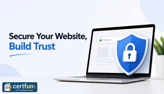 Feature image showing a laptop with a blue security shield and padlock, alongside the title “Secure Your Website, Build Trust,” representing cybersecurity protection and endpoint security readiness.