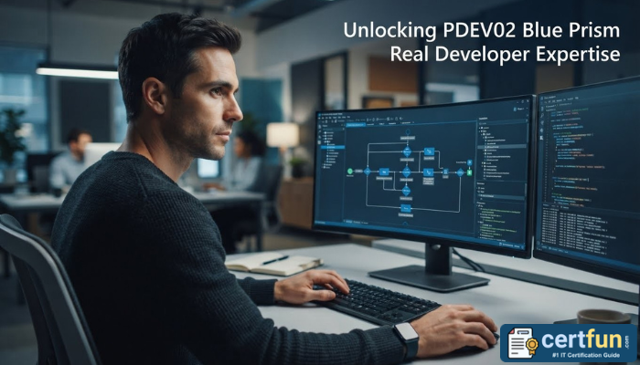 An adult male Blue Prism developer focused on multiple screens displaying complex code and automation flows, symbolizing advanced PDEV02 expertise. The scene reflects a modern, professional development environment.