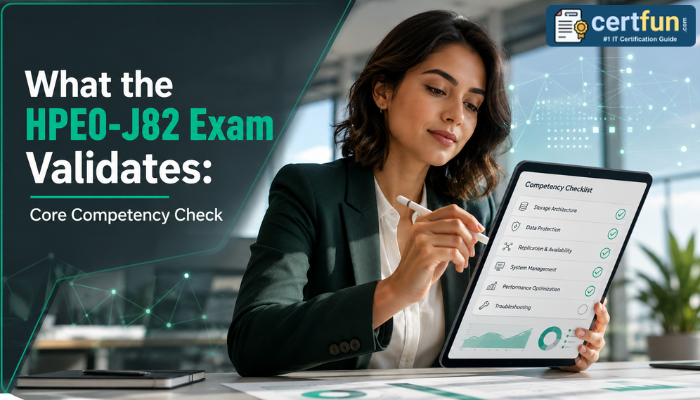 A focused woman checking off competencies on a tablet, illustrating the validation of core skills and readiness for the HPE0-J82 HPE ASE-StorArc certification exam.