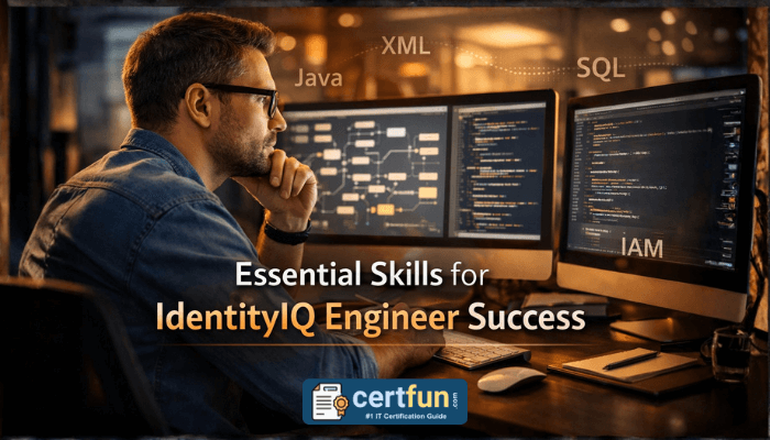 A realistic image of an IT professional in a modern office, focused on multiple screens displaying technical diagrams, emphasizing the essential skills for a SailPoint IdentityIQ Engineer.